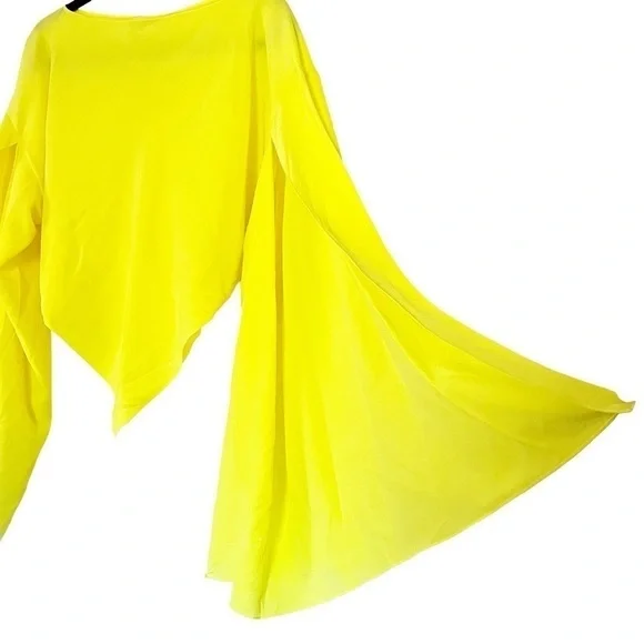 Balenciaga 100% silk asymmetrical triangle-hem split-sleeve chartreuse blouse